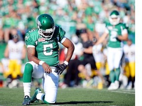 Saskatchewan Roughriders quarterback Kevin Glenn laments an unsuccessful play during Sunday’s CFL game against the visiting Hamilton Tiger-Cats. Glenn was hurt later in the game and missed the entire fourth quarter as the Roughriders lost 31-21 to fall to 0-5. 
 Troy Fleece/Leader-Post