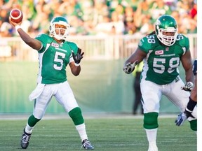 Saskatchewan Roughriders quarterback Kevin Glenn throws a pass against the Winnipeg Blue Bombers during the second half of CFL football action in Regina, Sask., Saturday, June 27, 2015. The Bombers defeat the Riders 30-26.