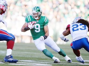 Saskatchewan Roughriders wide receiver Nic Demski (#9) runs the ball during a game held at Mosaic Stadium in Regina, Sask. on Sunday Sep. 27, 2015.