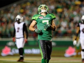 Saskatchewan Roughriders wide receiver Weston Dressler looks up after he and quarterback Kevin Glenn just missed making a big play Sept. 19 against the Ottawa Redblacks.