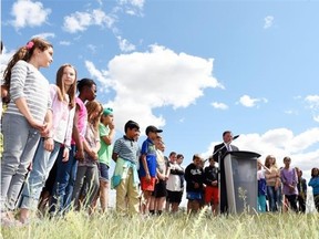 SaskBuilds Minister Gord Wyant talks about the building of three new joint-use schools at the corner of Ambulet Drive and James Hill Road in Regina on June 15, 2015.  DON HEALY/LEADER POST