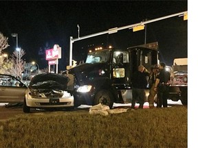 A semi broadsided a Mazda Protege at the intersection of Victoria Avenue and Truesdale Drive just before 11 p.m. Friday evening. The driver of the Protege was transported to hospital with non-life threatening injuries.