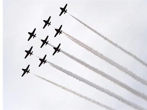 The Snowbirds from 15 Wing flew over Mosaic Stadium in formation during Saskatchewan Roughriders practice in Regina, Sask., on Nov. 8, 2013.