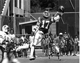 Spectacular catches by Joey Walters, including this one-handed touchdown grab in 1982, made him a favourite with Saskatchewan Roughriders fans. 
  
 StarPhoenix files