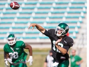 Saskatchewan Roughrider quarterback  Tino Sunseri trows a pass during the final day of the Saskatchewan Roughriders training camp in Saskatoon on Saturday June 6th, 2015.