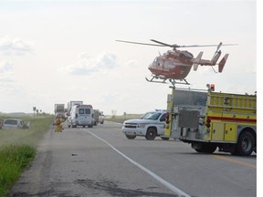 STARS Air Ambulance landed on Highway 11 just north of Chamberlain at the site of a motor vehicle collision between a mini-van and tractor trailer unit on Saturday, June 13, 2015.