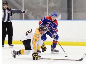 Sam Steel, with the puck, had two assists in a losing cause for the Regina Pats against the visiting Brandon Wheat Kings on Saturday at the Co-operators Centre.