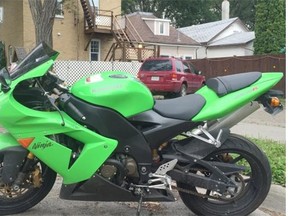 This lime green Kawasaki Ninja ZX-10R motorcycle, seen Friday, has been parked in a two-hour parking zone near the Regina General Hospital for more than a week. A City of Regina spokeswoman said if the motorcycle isn't moved, it could take two weeks before it is towed.