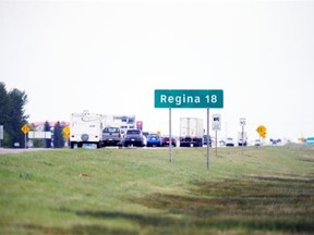 Traffic pours toward Regina near the intersection of the Trans-Canada Highway and Highway 48 at White City.