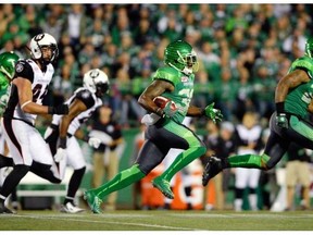 Tristan Jackson, shown returning a kickoff Saturday against the visiting Ottawa Redblacks, has added explosiveness to the Saskatchewan Roughriders’ special teams.