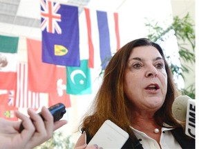 University of Regina president Vianne Timmons talks about the university giving more money to help refugees access post-secondary education at the U of R in Regina on Friday.