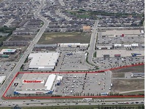 A Vancouver developer proposes to build a cluster of standalone buildings for restaurants and retail outlets on empty land near east Regina’s Superstore. (Photo via PC Urban.)