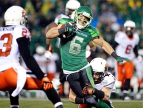 Wide receiver Rob Bagg (6) was among three Roughriders who were injured in Friday’s game against the B.C. Lions. 
  
 TROY FLEECE/Leader-Post