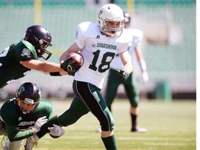 Will Wiens of Carrot River, 18, was one of the Saskatchewan players in Saturday’s Can-Am Bowl against the United States in Southey. Wiens is shown in the Football Saskatchewan Ed Henick Senior Bowl, played May 18. 
  
 Michael Bell/Leader-Post files