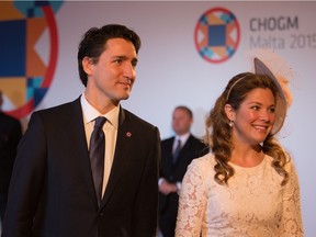 Canadian Prime Minister Justin Trudeau and his wife Sophie Gregoire arrive at CHOGM opening ceremony at the Mediterranean Conference Centre on November 27, 2015 near Valletta, Malta.