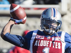 Montreal Alouettes' quarterback Brandon Bridge throws a pass during first half CFL football action against the Saskatchewan Roughriders, in Montreal, on Sunday, Nov. 8, 2015.