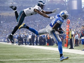 Philadelphia Eagles cornerback Eric Rowe (left) and his team laid an egg against Calvin Johnson and the Detroit Lions in one of Thursday's NFL games.