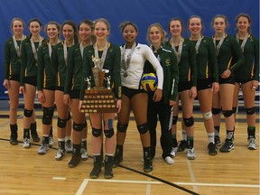 Campbell Tartans senior girls volleyball team celebrates 5A girls provincial title Nov. 21 in Martensville. Left to right: Amanda Gooding, Jessica Lerminiaux, Jill Morrow, Rebecca Taylor, Makayah Mark, Erin Epema, Sierra Parris-Kruger, Elisabeth Hunter, Maddison Hautz, Claire Douglas, Hanna Toews and Emily Dewey.