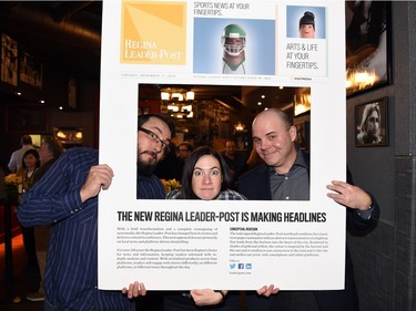 Juris Graney, from left, Emma Graney and Stephen Ripley  attending the cocktail reception celebration at The Lobby Public House of the new Postmedia and Leader-Post.