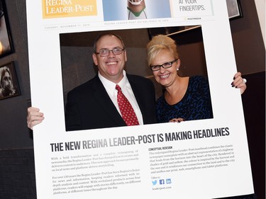 Rob Vanstone, left, and Lori Romanoski attending the cocktail reception celebration at The Lobby Public House of the new Postmedia and Leader-Post.