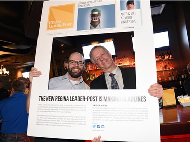 Tim Switzer, left, and Bruce Jonhstone attending the cocktail reception celebration at The Lobby Public House of the new Postmedia and Leader-Post.