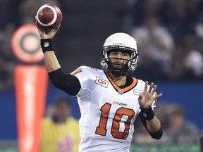 B.C. Lions' quarterback Jonathon Jennings throws a pass during first half CFL football action against the Toronto Argonauts, in Toronto on Oct. 30, 2015.