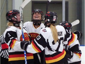 Regina Rebels forward Emma Waldenberger (centre).

(REGINA, SASK - Dec. 22, 2012  -  Regina Rebels forward Emma Waldenberger (#18) laughs after a weird goal against the Saskatoon Stars at a female midget AAA hockey game held at the Co-operators Centre in Regina, Sask. on Saturday Dec. 22, 2012. (Michael Bell/Regina Leader-Post)