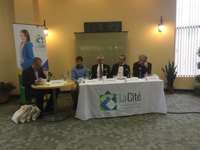 La Cité universitaire francophone hosted a panel discussion about the lead-up to the climate change convention in Paris. From left to right, moderator Bruno Dupeyron, Steven Guilbeault, David Sauchyn, Jean-Christophe Fleury and Jean Lemire.