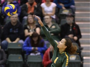 University of Regina Cougars right-side hitter Ashlee Sandiford spikes the ball during a match against the visiting Brandon Bobcats on Saturday.