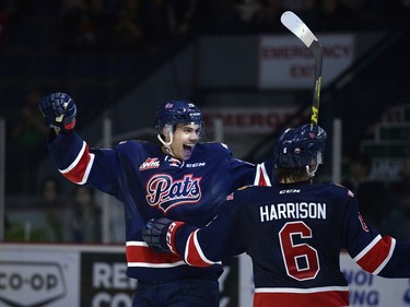Regina Pats forward Luc Smith celebrates a goal against the Lethbridge Hurricanes during a game held at the Brandt Centre in Regina, Sask. on Sunday Nov. 15, 2015.
