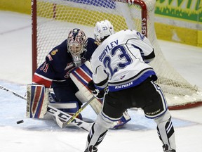 Regina Pats netminder Tyler Brown, shown here making a save on Victoria Royals forward Vladimir Bobylev during a game on Nov. 7, 2015, is getting used to being a No. 1 goalie in the WHL.
