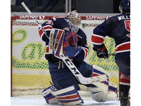 Goaltender Tyler Brown, shown earlier this season against the Lethbridge Hurricanes, was busy in net for the Regina Pats on Saturday against the host Red Deer Rebels.