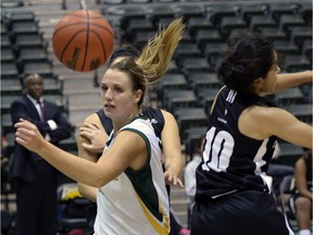 University of Regina Cougars forward Alyssia Kajati, shown here during an exhibition game on Oct. 9, 2014, helped the Cougars beat the Brandon Bobcats to open the 2015-16 season.