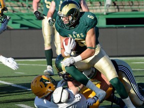 U of Regina Rams Mitchell Picton (R) runs the ball as Landon Buch with the Rams takes out Brandon Foster with the U of Alberta Golden Bears during a pre-season game at Mosaic Stadium in Regina on August 29, 2014.