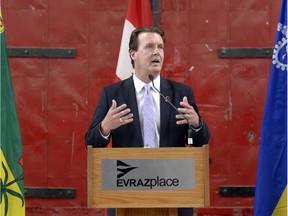 Mayor Michael Fougere speaks during the announcement of the International Trade Centre to be built on the grounds of Evraz Place in Regina on Thursday.