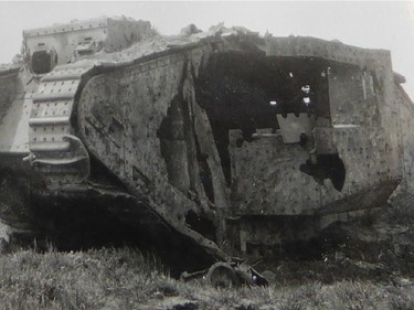 REGINA, SK : Nov. 9, 2015 -- A British tank, working with Canadian troops in France, destroyed by a shellfire and derelict on the battlefield. (Photo: William John Brake Collection 2 via Wayne MacDonald)