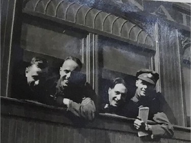 Canadian soldiers  aboard a CPR train that will take them to training in eastern Canada, then to the Western Front during the First World War. (Photo: William John Brake Collection via Wayne MacDonald)