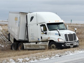 Icy roads took their toll on Saskatchewan highways and contributed to this semi-trailer truck sliding off the road on the Trans-Canada highway near Pinkie Road on November 18, 2015.