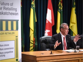 Saskatchewan Liquor and Gaming Authority Don McMorris speaks during an announcement at the Legislative Building about liquor retailing privatization in Regina on Wednesday.