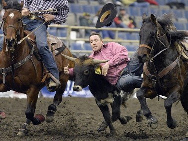 Kal Klovansky, of Qu'Appelle Sk, competes in Steer Wrestling at the Canadian Cowboys Association Finals Rodeo at the Canadian Western Agribition in Regina on Wednesday.