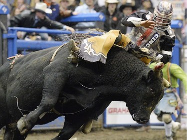 Kory Ginnis takes a wild ride on Legend during Bull Riding at the Canadian Cowboys Association Finals Rodeo at the Canadian Western Agribition in Regina on Friday.