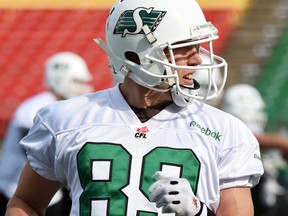 Receiver Chris Getzlaf (#89) during Saskatchewan Roughriders practice at Mosaic Stadium in Regina on October 7, 2015.  (DON HEALY/Regina Leader-Post) (Story by Murray McCormick) (SPORTS)