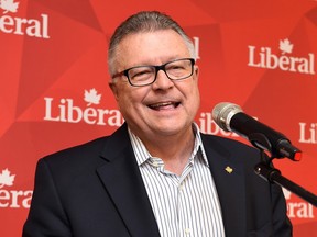 Liberal MP Ralph Goodale speaks to happy supporters after winning Regina-Wascana in the recent federal election.
