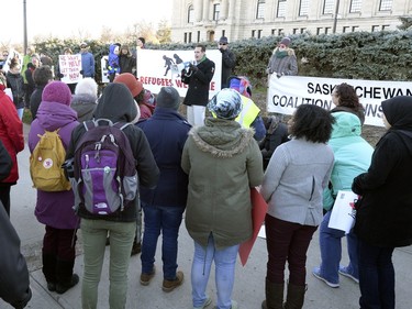 A small group of protesters showed up in front of the Saskatchewan Legislature Tuesday to protest calling for Brad Wall to reverse his request that the federal government pause on its plan to bring 25,000 Syrian refugees to Canada by the end of the year. Wall made the request in a letter to Justin Trudeau on Monday.