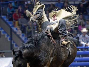 Monty Koopman hangs on to his horse Aftermath in the bareback event during the second night of the Canadian Cowboys Association Finals Rodeo at Canadian Western Agribition November 25, 2015.