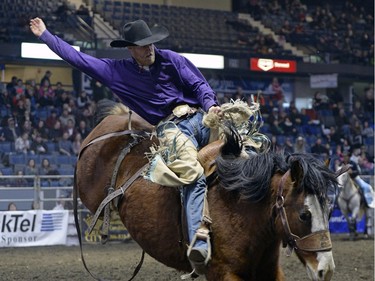 Shelton Udal hangs on in the Saddlebronc event during the second night of the Canadian Cowboys Association Finals Rodeo at Canadian Western Agribition November 25, 2015.