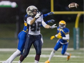 Regina Thunder receiver Thomas Bresciani grabs a pass against the Saskatoon Hilltops during the first half on Saturday, September 5th, 2015.