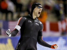 Humboldt's William Dutton, shown here celebrating his second-place finish during the men's 500 metres at the ISU World Cup speed skating event in Calgary on Nov. 15, 2015, is the Sask Sport Inc. athlete of the month for November.