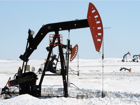 Oil pump jacks near Kisbey, Sask., in April 2013.