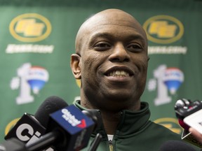 Edmonton Eskimos general manager Ed Hervey meets with reporters Thursday in Edmonton.